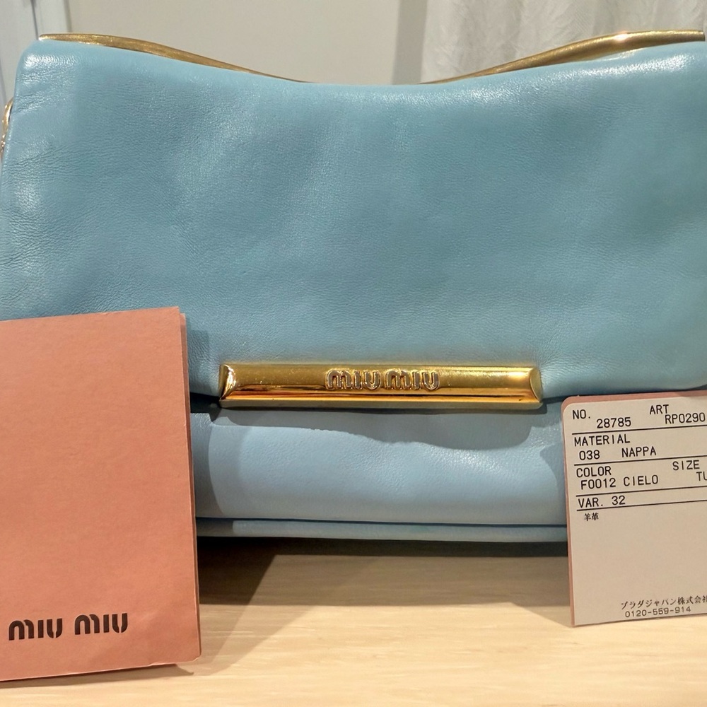 Miu Miu Light Blue Leather Shoulder Bag with Gold Trim